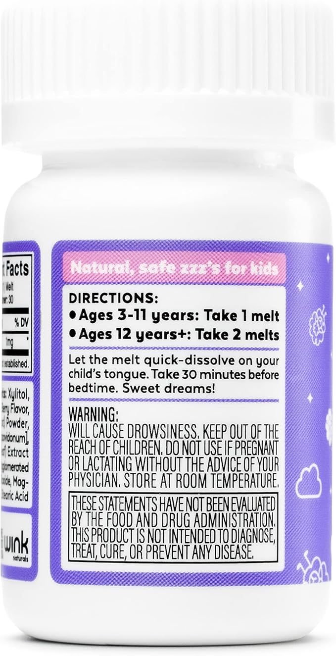Wink Well Kids Melatonin Chewable Melts-Sleep Aid Chews with Melatonin 1mg- Quick Deep Toddler Sleep Aid Drug-Free-Fast Non-Habit-Forming Child Melatonin Dissolve Tablets- 30 Melts