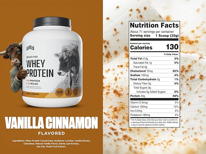 Levels Grass Fed Whey Protein Powder No Artificials 24G of Protein Vanilla Cinnamon 5LB