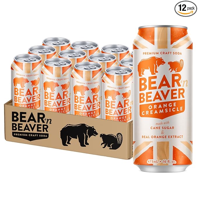 Bear 'n Beaver Premium Orange Creamsicle Craft Soda Soft Drinks - 100% Cane Sugar &amp Orange Extract - Vegan &amp Gluten-Free Bold Caffeine Free Flavor for Mocktails Floats Mixing - 12 Pack of 16