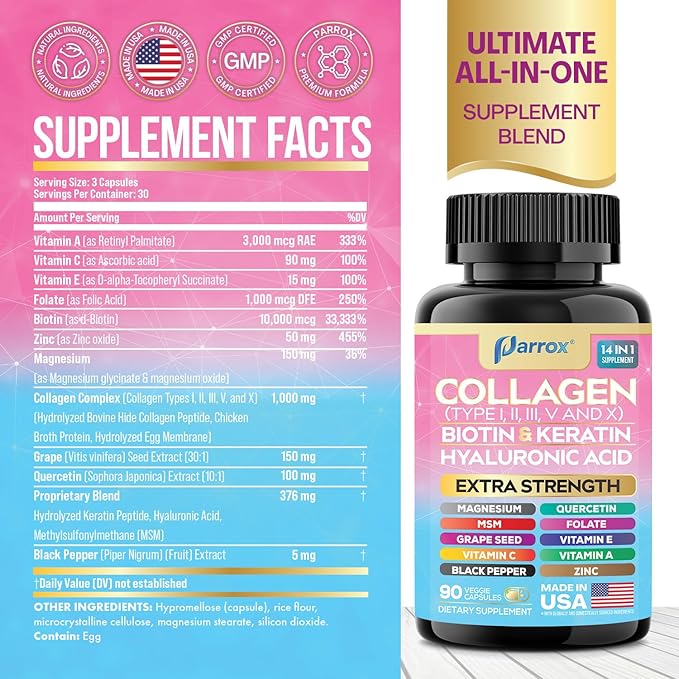 Collagen Peptides Types I II III V &amp X MCG Biotin Keratin Hyaluronic Acid MSM Zinc Grape Seed Extract Quercetin Vitamin A Vitamin C Vitamin E Magnesium Folic Acid (90 Capsules)