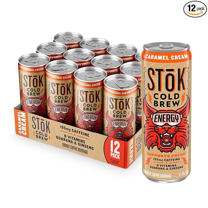 SToK Cold Brew Energy Caramel Cream Energy Coffee Beverage with 195mg Caffeine to Help Support Focus Canned Coffee with B-Vitamins Guarana and Ginseng 11 fl oz 12pk