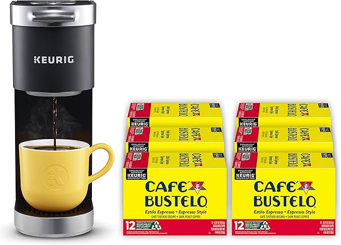 Keurig K-Mini Plus Single Serve Coffee Maker with Café Bustelo Espresso Style Dark Roast Coffee 72 K-Cup Pods