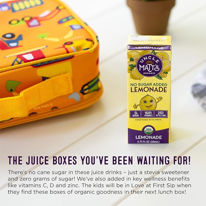 Uncle Matt’s Organic Juice Boxes – 32 Pack No Sugar Added Lemonade USDA Organic Only 10 Calories with Vitamin C D &amp Zinc Kid-Friendly Juice Drinks