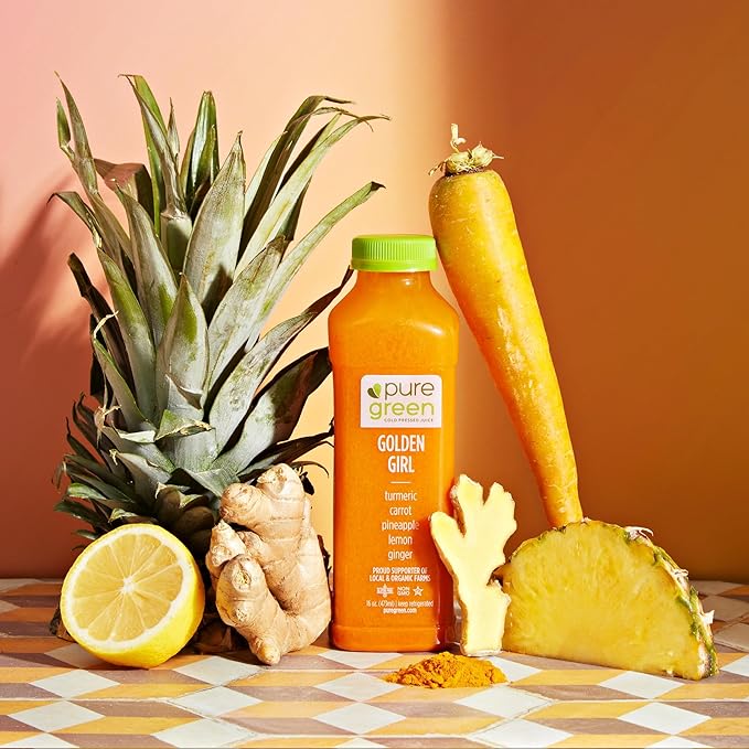 Pure Green Cold Pressed Juice - Golden Girl - Fresh Functional Blend with Turmeric Carrot Pineapple Lemon Ginger - Natural Gluten Free Non-GMO No Artificial Colors or Flavors - Made from Real F