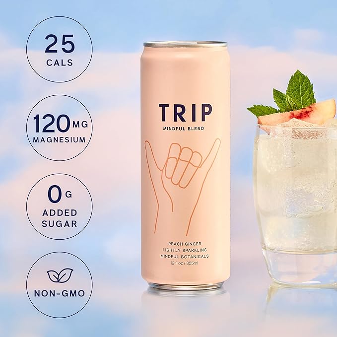 TRIP Lightly Sparkling Adaptogen Drink Non Alcoholic Drink with Magnesium Ashwagandha Lions Mane &amp L Theanine No Added Sugar Mocktail Vegan Peach Ginger 12 Oz 12Pk