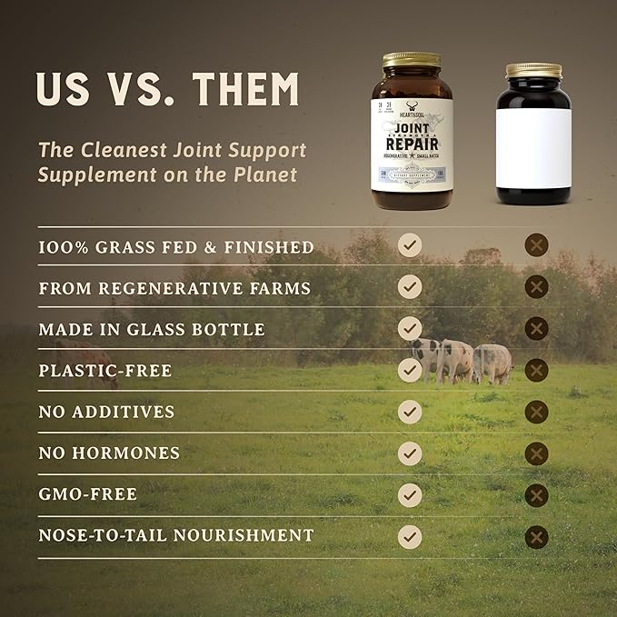 Heart &amp Soil 100% Grass Fed &amp Finished Joint Support Supplement from Regenerative Cattle with Trachea Scapula &amp Bone Marrow – Supports Joint Strength &amp Mobility – 3000mg – Glass Bottl