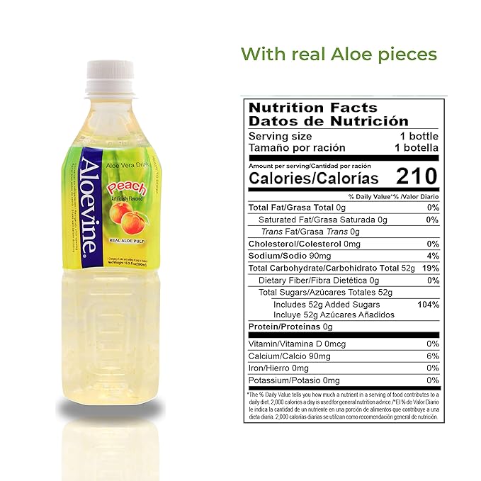 Aloevine Aloe Vera Drink Peach – Drink Aloe Juice with Real Aloe Chunks | Healthy Plant-Based Korean Beverage | Aloe Vera Juice | 16.9 oz Bottles (20 Pack)