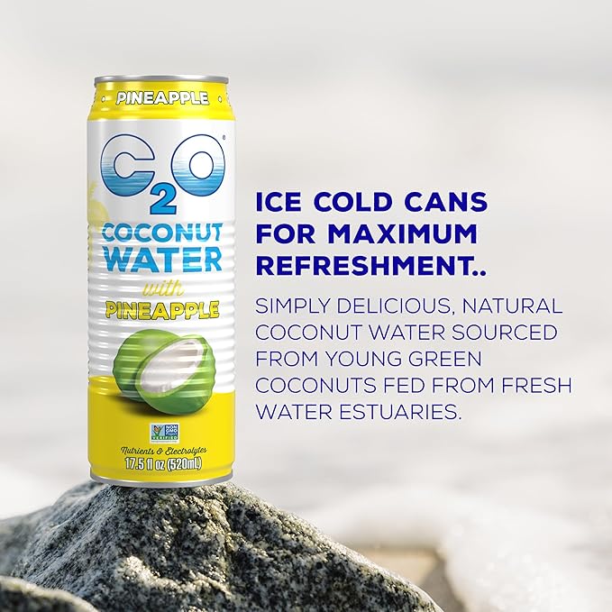 C2O - Coconut Water with Pineapple (12 Pack) - Made with Fresh Coconut Water - Plant Based - Non GMO - Canned Water - Natural Hydration Essential Electrolytes &amp Potassium - 12 Cans 17.5 FL OZ
