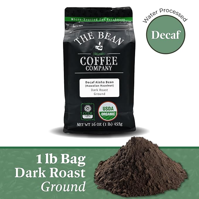 The Bean Organic Coffee Company Water Processed DECAF Aloha Bean (Hawaiian Hazelnut) Chocolate Macademia Nut and Vanilla Bean Medium Roast Ground Coffee 16-Ounce Bag