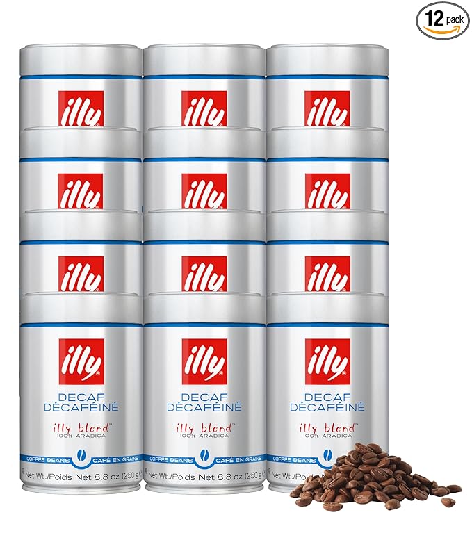 illy Decaf Whole Bean Coffee Classico Decaffeinated Medium Roast 100% Arabica Premium Italian Coffee Ideal for Espresso Drip Moka and French Press Brewing 8.8oz 12 Pack
