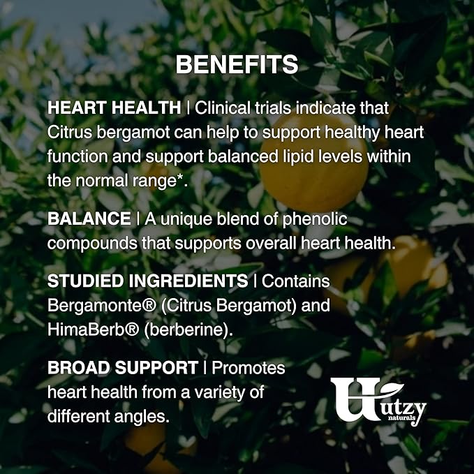 Utzy Naturals Berbercol | 500mg Citrus Bergamot (as Bergamonte) &amp Berberine | Naturally Supports Heart Health and More | 60 Capsules
