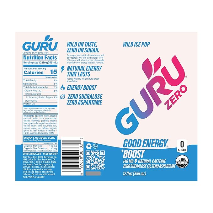 GURU ZERO SUGAR Wild Ice Pop Organic Energy Drinks Clean Energy Drink with Plant Based Natural Caffeine from Green Tea Coconut Water Prebiotic Zero Added sugars Gluten Free and Vegan Pre Workout