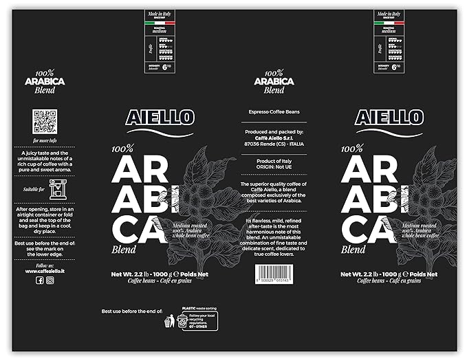 Aiello Caffe Italian Espresso Coffee Beans 2.2 LB Bag Arabica Whole Bean Coffee Blend Freshly Roasted and Blended in Southern Italy