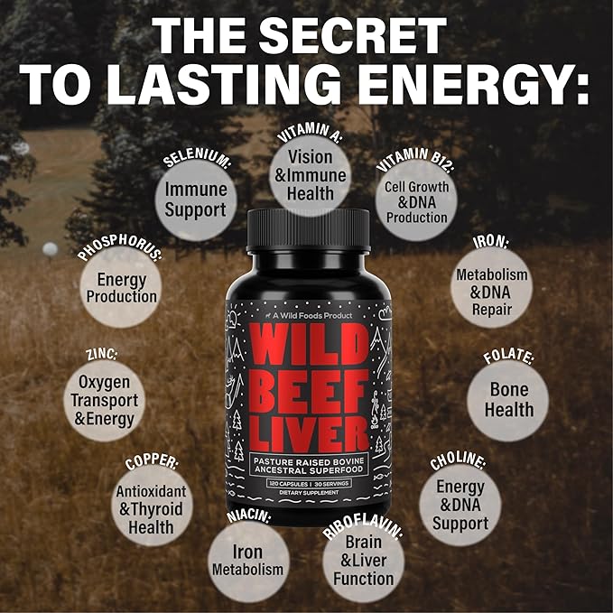 Wild Foods Beef Liver Capsules - Grass-Fed &amp Pasture-Raised | 3000mg Ancestral Supplement for Natural Energy &amp Immune Support | Organ Supplement for Men &amp Women | Keto Paleo Carnivore (1