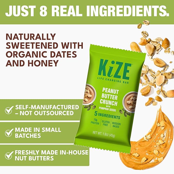 KiZE Energy Bars - Peanut Butter Crunch - Gluten Free Non-GMO and High Protein Meal Replacement Energy Bars Clean and Simple Food Ingredients - 10g High Protein Snacks (10 Count)