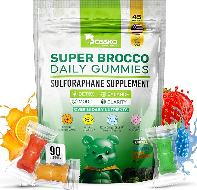 Bossko Sulforaphane Gummies with Omega-3 – Broccoli Sprout Extract EPA/DHA &amp Antioxidants – Cellular Health &amp Mood Support – 90 Vegan Gummies – Mixed Berry Flavors – Sugar-Free