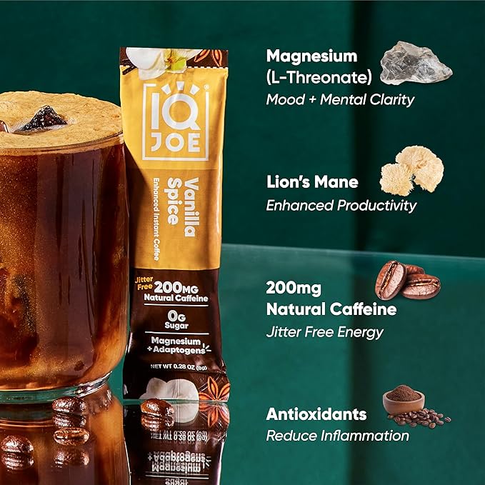 IQJOE Mushroom Coffee Packets (40 Servings) Lion’s Mane Magtein Magnesium Antioxidants Adaptogens - Vanilla Spice - Instant Coffee for Focus Clarity Mood Energy Boost - Sugar Free Keto Vegan