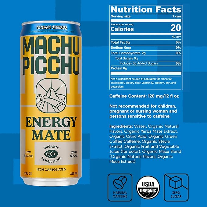 MACHU PICCHU Zero Sugar Energy Mate Drink – Non-Carbonated Yerba Mate 120mg Organic Caffeine Smooth Focus Without Jitters or Crash Low Calorie USDA Organic 12oz Cans (12-Pack-“Ocean Citrus”)