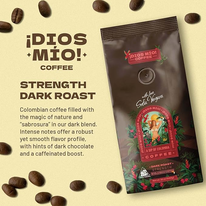 Dios Mio Coffee by Sofia Vergara Dark Roast Whole Bean Premium Colombian Coffee 12 Ounce Bag (Pack of 2)