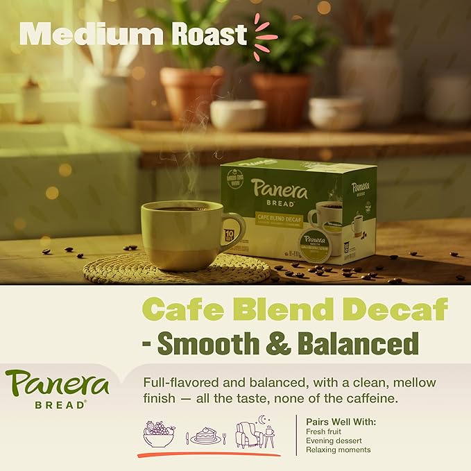 Panera Cafe Blend Decaf Coffee Pods Medium Roast Cups - 100% Arabica Smooth &amp Balanced with Caramel Notes Sustainably Sourced No Bitterness 60 Single Serve Pods (6 Packs of 10)