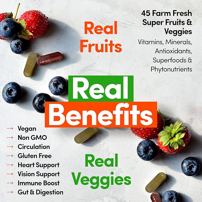 Country Farms Fruits and Vegetables Supplement 180 Fruit and 180 Veggie Capsules Greens and Reds Packed with Superfoods Powerful Antioxidants 60 Servings