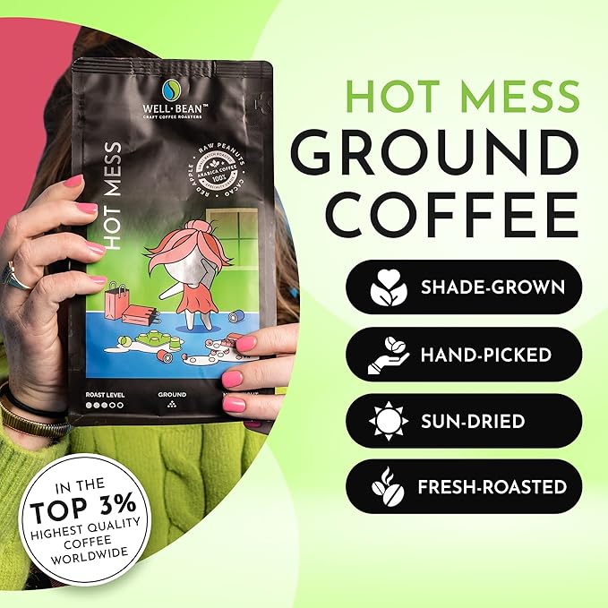Well-Bean Coffee - Hot Mess Ground Coffee Nicaraguan Microlot Coffee Grounds Gluten-Free Keto Coffee Antioxidant Rich Coffee Ground Medium Roasted Coffee 2 lb