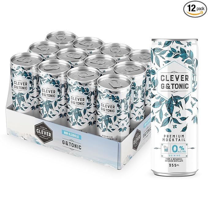 CLEVER - G &amp Tonic Nonalcoholic Mocktails for Any Occasion Refreshing Beverages Inspired by Gin &amp Tonic Low-Calorie Mocktails Non-alcoholic Drinks with 80 Calories Pack of 12 (12 oz Ea)