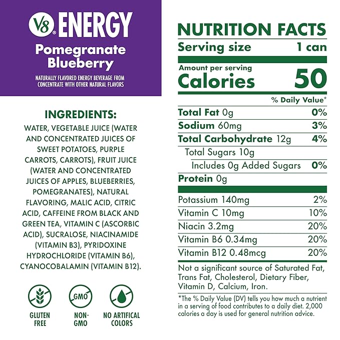 V8 +ENERGY Pomegranate Blueberry Energy Drink | 8 fl oz Can | Pack of 48
