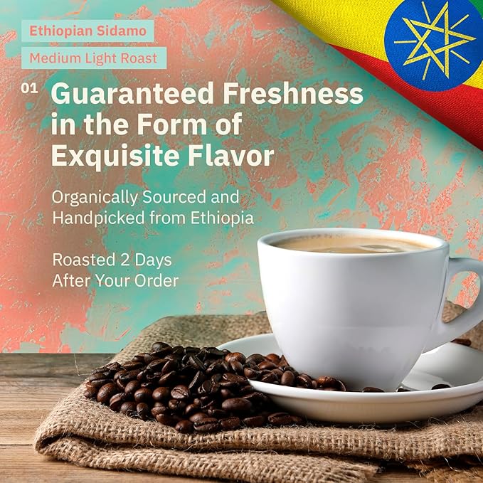 Ethiopian Sidama Coffee Beans - Single Origin Medium Light Roast Beans Freshly Roasted To Order Whole Bean Coffee Specialty Grade Non-GMO