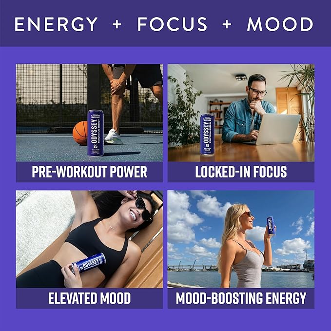 Odyssey Functional Energy Drink for Focus Cognition &amp Mood Support 12 Pack - Adaptogenic Drink with 85mg Green Tea Caffeine Lions Mane Cordyceps L-Theanine &amp Ginseng Sparkling Blackberry