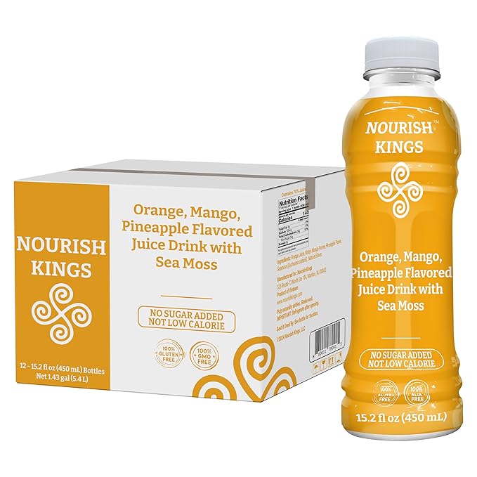Nourish Kings- Sea Moss drink with Mango Pineapple and Orange Juice No Added Sugars or Preservatives 12 pack of 15.2 Fl oz Bottles