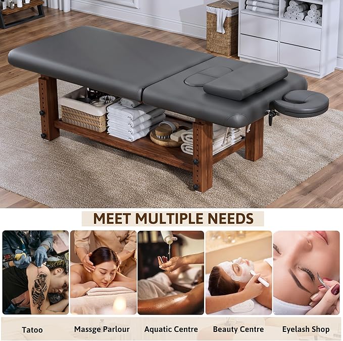 Adjustable Professional Massage Table Wood Stationary Massage Table with Adjustable Height &amp Backrest Eyelash Bed with Large Storage Space C Shape Pillow for Spa Treatment Beauty