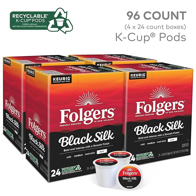 Folgers Black Silk Coffee Keurig Single Serve K-Cup Pods Dark Roast 24 Pods Per Pack Case Of 4 Packs