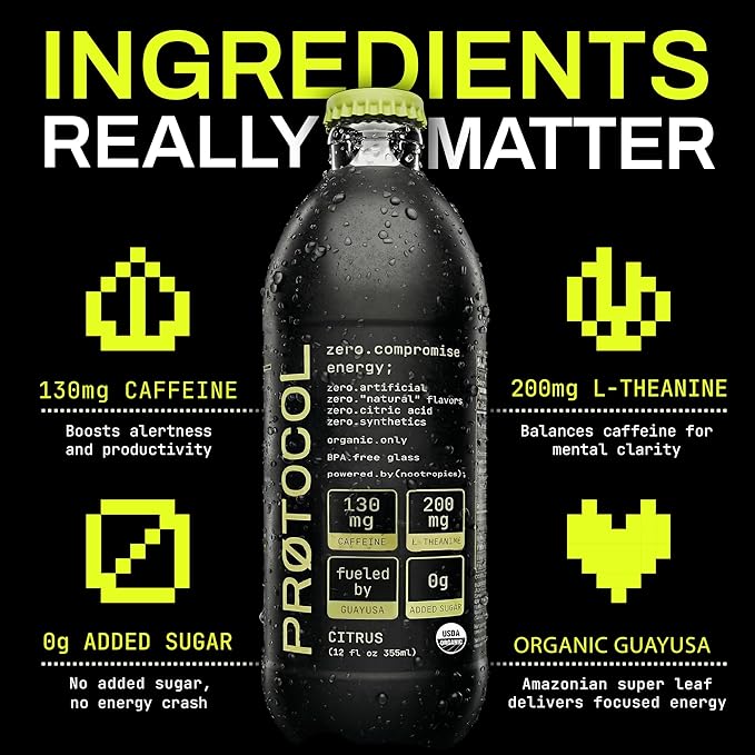 Protocol Organic Energy &amp Hydration Bundle — 12-Pack Clean Energy Drink (Glass Bottles) + Organic Electrolyte Powder (Lemon Lime) | No Artificial Sweeteners No Citric Acid