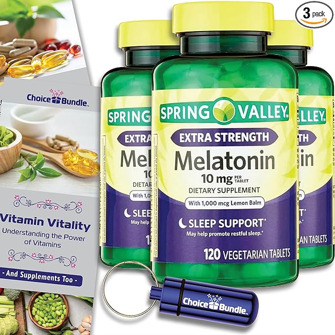 Spring Valley Extra Strength Melatonin Tablets with Lemon Balm Dietary Supplement for Support 10 mg 120 Ct 3 pk (360 Total) + Vitamin Vitality &amp Pill Container (5 Items)!
