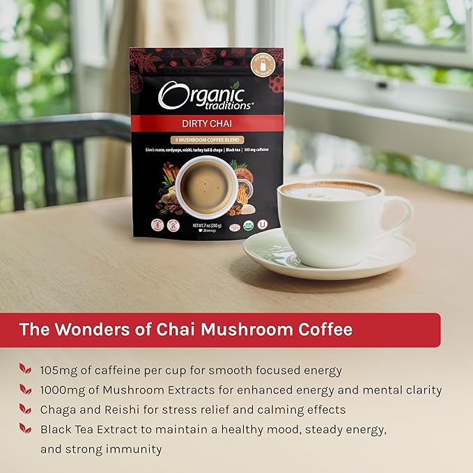 Organic Traditions Dirty Chai Mushroom Coffee Instant Coffee with Lion’s Mane Chaga Reishi Cordyceps Turkey Tail Organic Black Tea MCT Oil Powder Chai Spice Blend 105mg Caffeine 100g / 3.5 o