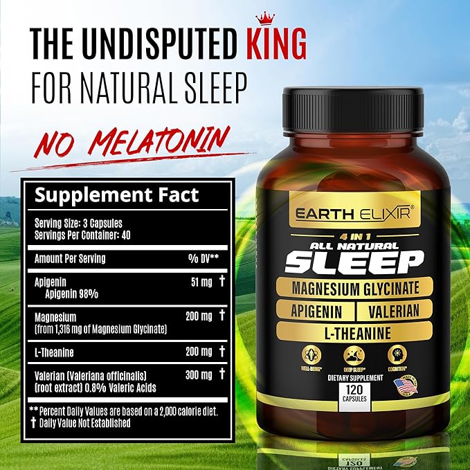 Earth Elixir 4-in-1 Sleep Aid (120 Caps) w/Apigenin 50mg Magnesium Glycinate 200mg L Theanine 200mg &amp Valerian Root for Sleep Aid 300mg | Apigenin Supplement for Sleep | Sleeping Pills