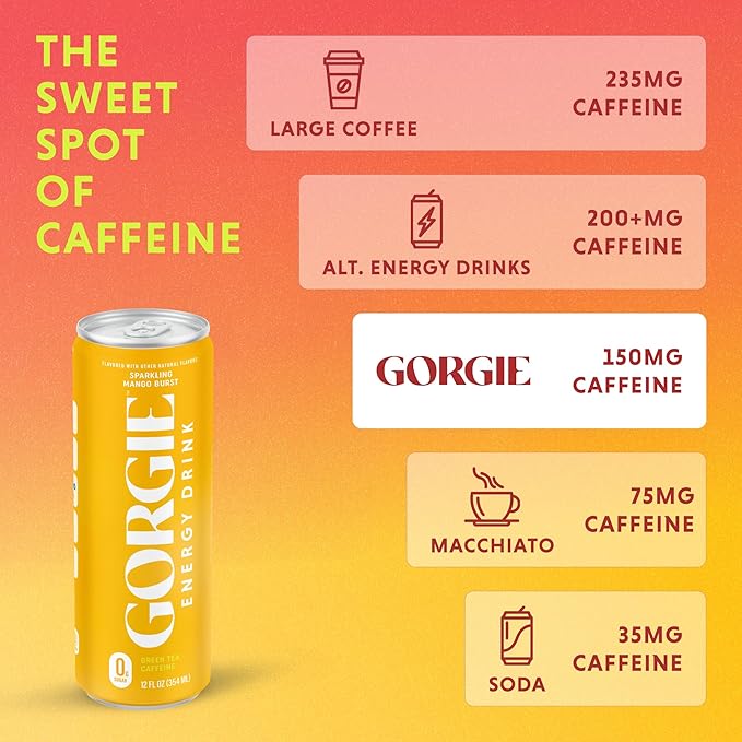 GORGIE Sugar Free Natural Energy Drinks Sparkling Mango Tango (12 Pack) - Healthy Energy Drinks - Natural Coffee Replacement with Green Tea Caffeine and Biotin - 150mg Caffeine Vegan &amp Low Calo