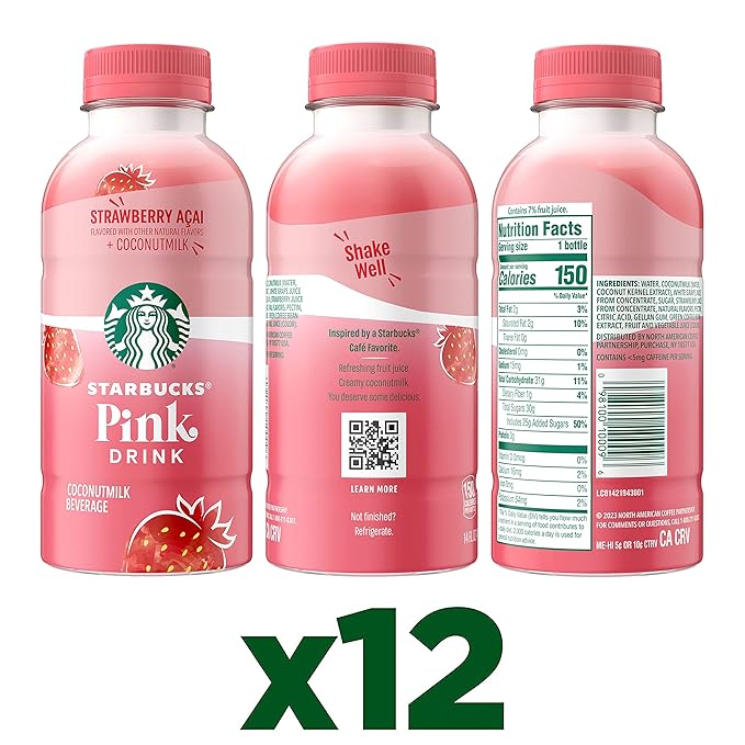 Starbucks Pink Drink Strawberry Acai with Coconut Milk 14oz Bottles (12 Pack)