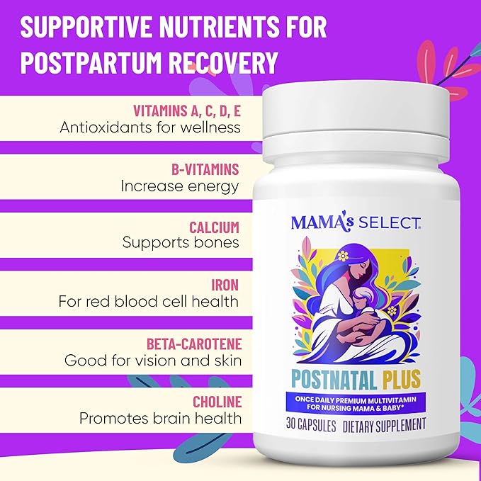Mama's Select Postnatal Vitamins – Boosts Hair Recovery Milk Supply &amp Wellness – Allergen-Free Vegan MTHFR Friendly Methylated Folate &amp B Vitamins Easy-to-Swallow No Biotin - 30 Capsule