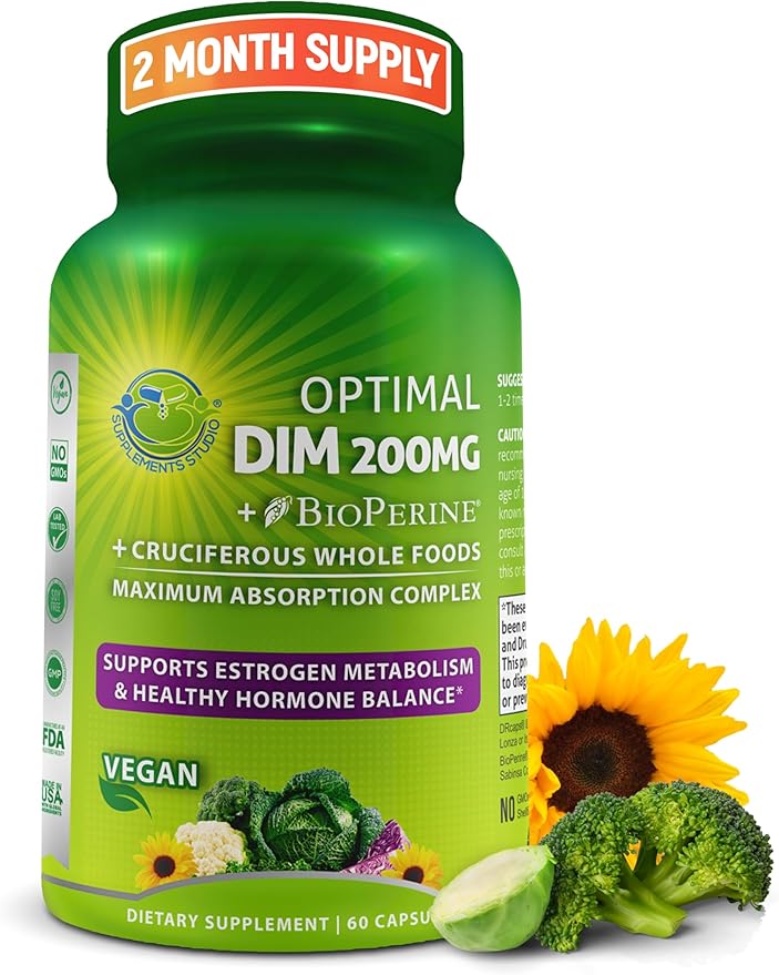 Optimal DIM 200mg Supplement for Women and Men - Made with Organic Whole Foods - Estrogen &amp Hormone Balance Support Diindolylmethane Complex - Maximum Absorption Delayed-Release Capsules - 60 Coun