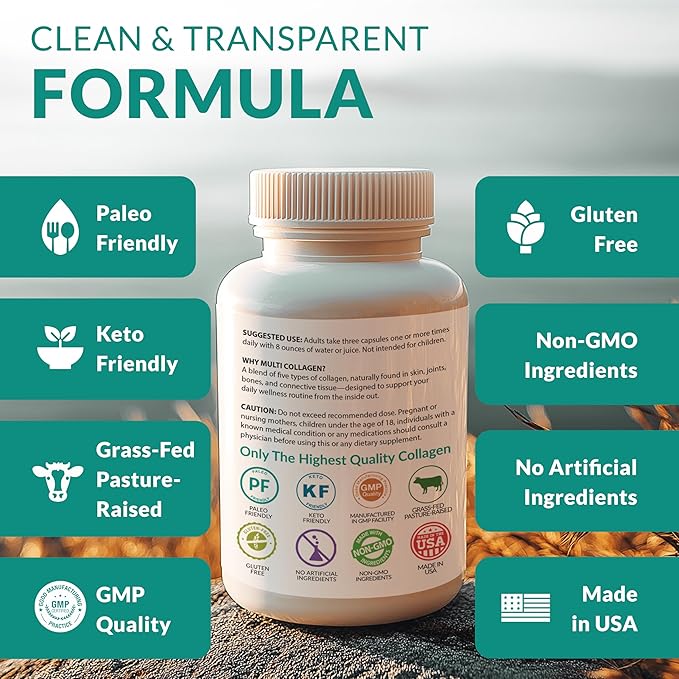 Multi Collagen 180 Protein Capsules - Type I II III V X Collagen Pills - Proprietary Blend of Eggshell Chicken Wild Fish &amp Grass-Fed Beef Collagen Peptides - 2025mg per serv