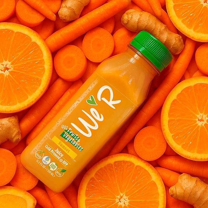 WE’R Sunset – Orange Carrot &amp Ginger – 100% Fruit &amp Veggie Juice – Cold-Pressed &amp HPP – 10 Pack – 11.2 fl oz Each (330 ml) – Vegan GMO-Free Not From Concentrate
