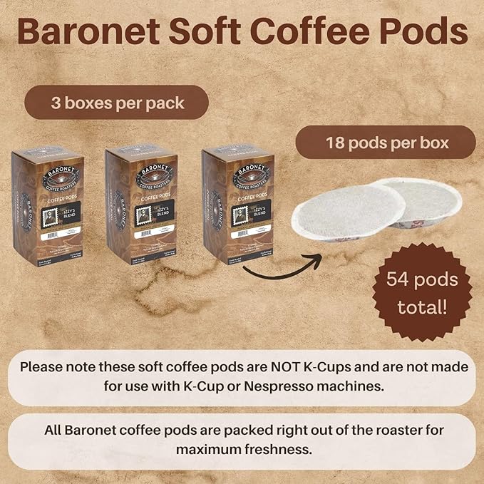 Baronet Coffee Pods [Izzy's Blend Coffee-54 Pods] Single Cup Use for Basket Brew [3 Boxes of 18 Single Serve 10 Gram] Regular Strength Medium Roast [Izzy's Blend]