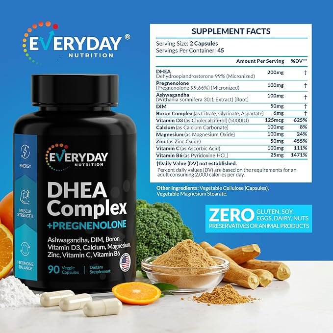 DHEA Micronized 200mg Complex with Pregnenolone 100mg Supplement for Men &amp Women with Ashwagandha DIM Magnesium Boron Calcium  Zinc Vitamin D3 C and B6 Hormone Support - Made in USA 90 Caps