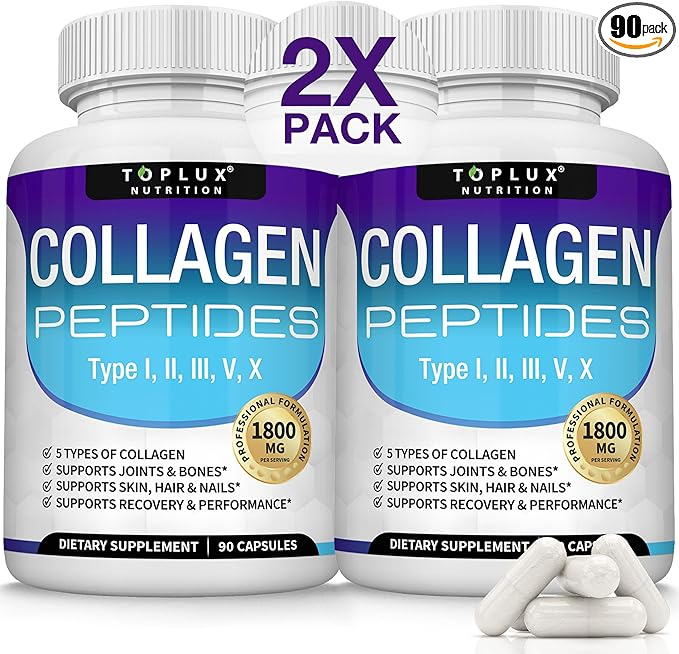 Toplux Multi Collagen Peptides Pills 1800 Mg Complex - Type I II III V X Premium Collagen Complex for Better Skin &amp Hair Strong Joint Hydrolyzed Protein for Men Women 90 Capsules Suppleme