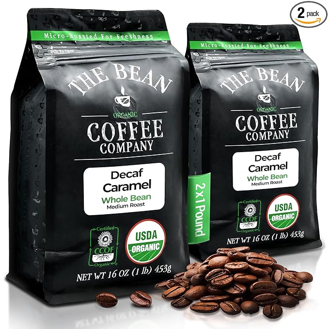 The Bean Organic Coffee Company Water Processed DECAF Caramel Medium Roast Whole Bean Coffee 16-Ounce Bags (Pack of 2)
