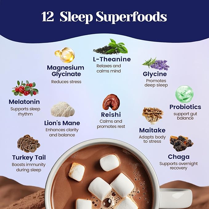 Venture Pal Mushroom Hot Cocoa Powder with Magnesium Glycinate L-Theanine &amp Reishi to Calm &amp Relax Natural Sleep Aids for Adults Melatonin 3mg Unsweetened Hot Chocolate for Deep Sleep 30 S