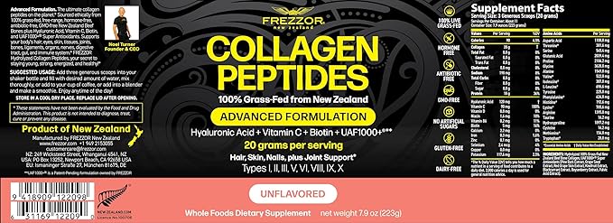 FREZZOR Collagen Peptides Powder Reduces Fine Lines &amp Wrinkles Stronger Hair &amp Nails Promotes Youthful Flexibility &amp Mobility 100% New Zealand Hydrolyzed Beef Bone Collagen 7.9 OZ (1