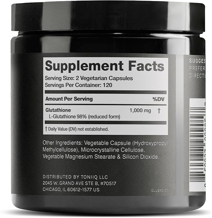 Toniiq Ultra High Strength Glutathione Capsules - 1000mg Concentrated Formula - 98%+ Highly Purified and Bioavailable - Non-GMO Fermentation - 240 Capsules Reduced Glutathione Supplement
